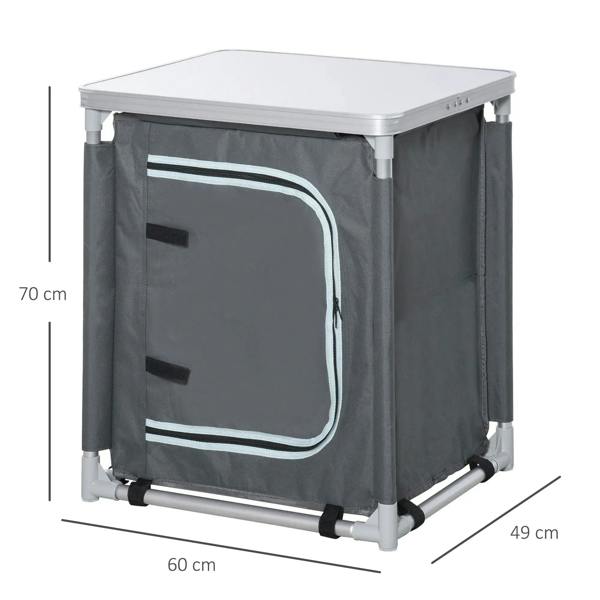 Grey 2-shelf camping cupboard with two-panel door and aluminum frame, front view.