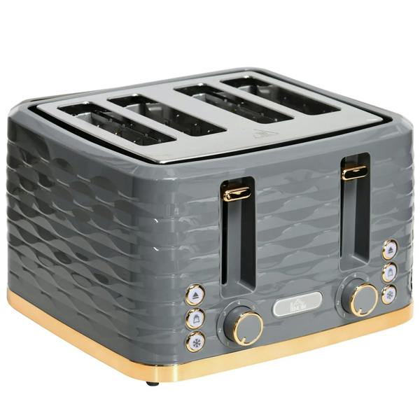 Grey four-slice rippled toaster with four long slots and front control knobs