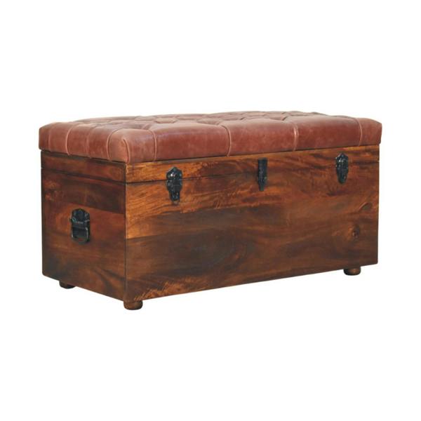 Artisan Furniture Solid Wood Brown Buffalo hide leather Storage Trunk