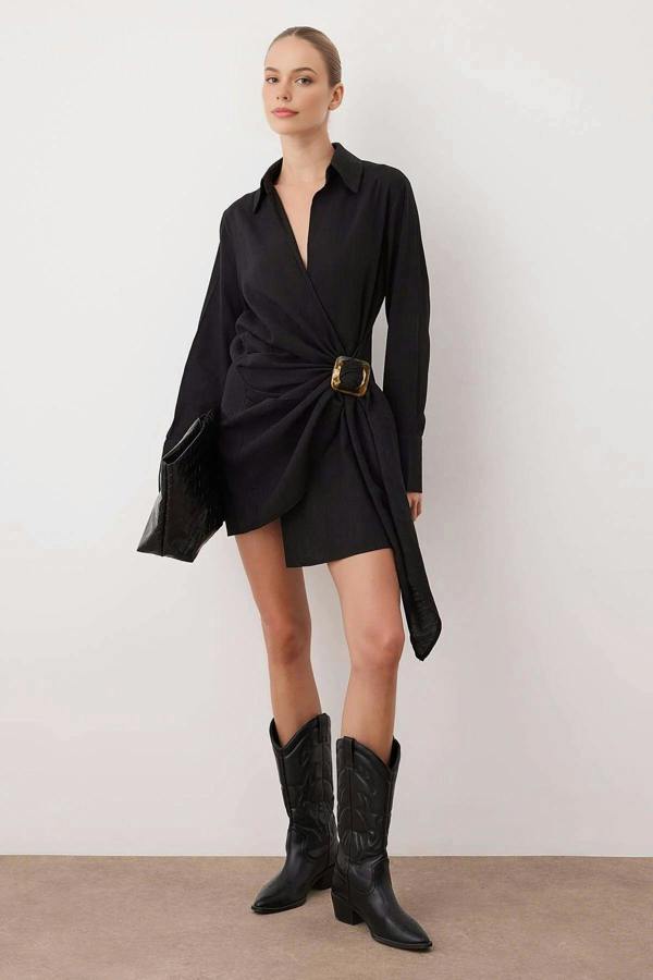 WOVCOR Double Breasted Mini Woven Dress with Accessory Detail