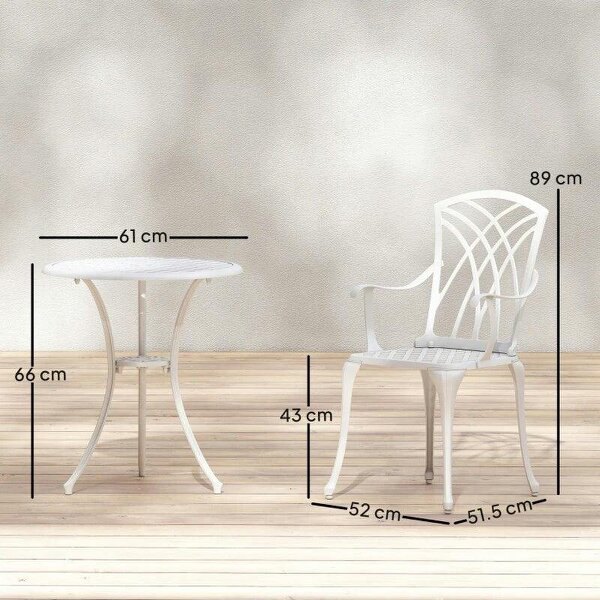 3 Pieces Garden Bistro Set, Cast Aluminium Outdoor Dining Set with 2 Chairs and Round Table with Parasol Hole, White