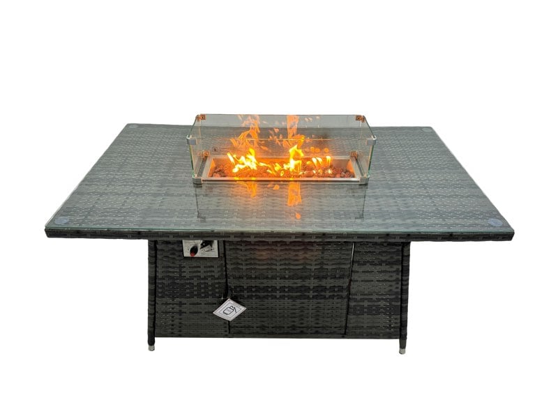 Fimous Poly Rattan Outdoor Patio Gas Fire Pit Dining Table Corner Sofa Set with Big Stool 2 Chairs for Garden Backyard Dark Grey Mixed