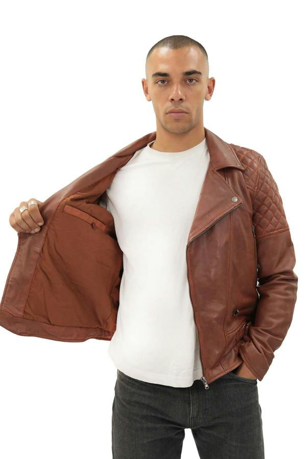 Infinity Leather Mens Quilted Leather Biker Jacket-Bordeaux
