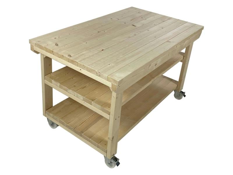 Rotem Wooden Kiln-Dry Workbench – 3ft Depth Sturdy and Durable Workstation with Wheels and Double Shelf for Extra Storage, Ideal for Garages, Workshops, and Sheds