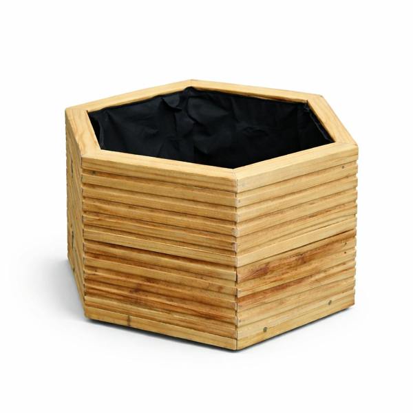 Hexagonal lined wooden decking planter 33cm high on white background