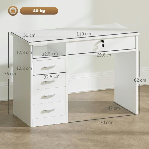 Wyld Haus Fizita 110cm White Home Office Desk With 5 Storage Drawers