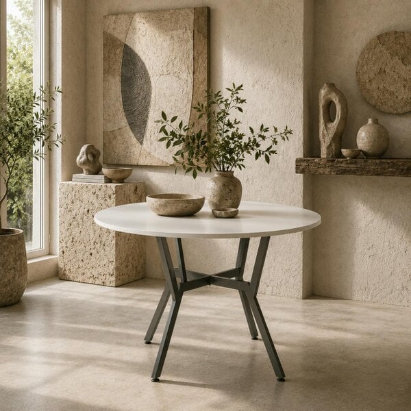 Wyld Haus Terretti High Gloss White Round Dining Table With Black Metal Legs 90cm