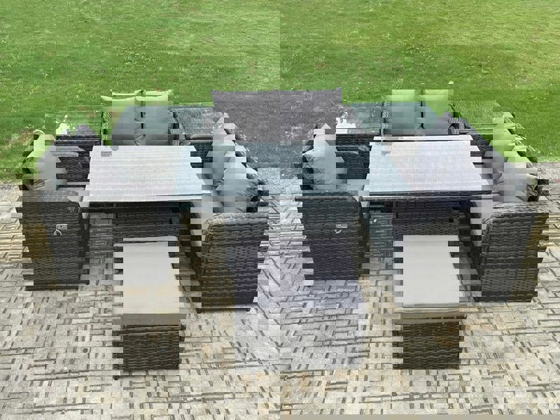 Fimous 6 Seater Rattan Furniture Garden Dining Set Outdoor Height Adjustable Rising lifting Table Love Sofa Chair With 2 Side Tables Big Footstool