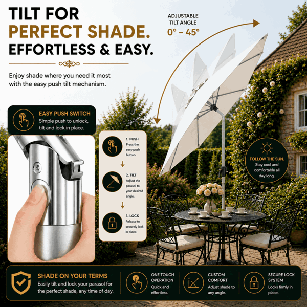 GlamHaus Tilting Garden Parasol Table Umbrella 2.7M with Crank Handle, UV40 Protection, Includes Protection Cover - Cream
