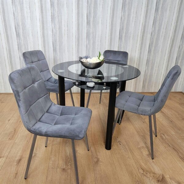 Kosy Koala Dining Table And 4 Chairs Round Glass Table With 4 Velvet Chairs Dining Room Furniture - Table + 4 grey chairs - Black