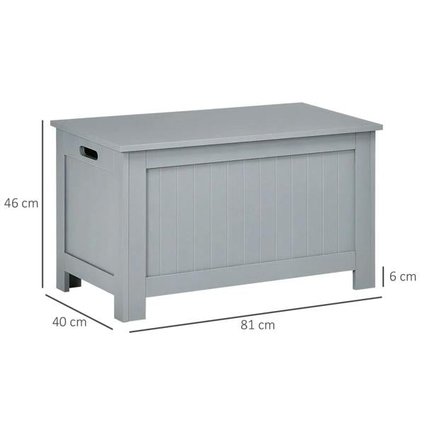 Grey storage chest with hinged lid and slatted front panels, size dimensions shown