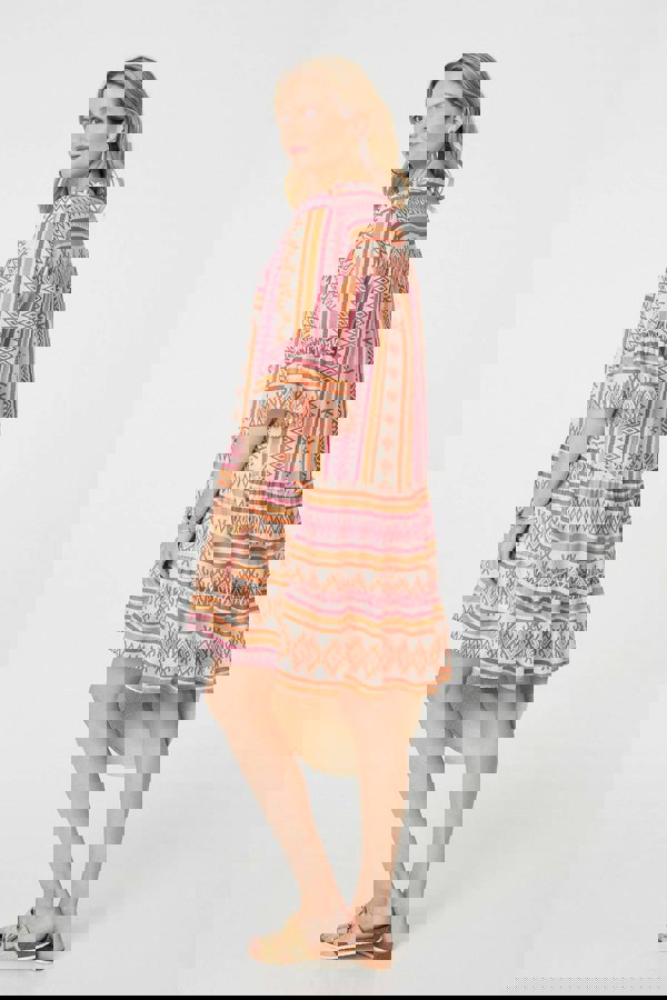 Pink | Aztec Print V-Neck 3/4 Sleeve Short Dress
