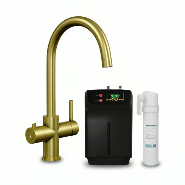 Brushed gold boiling water tap, boiler and carbon rod filter on a white background