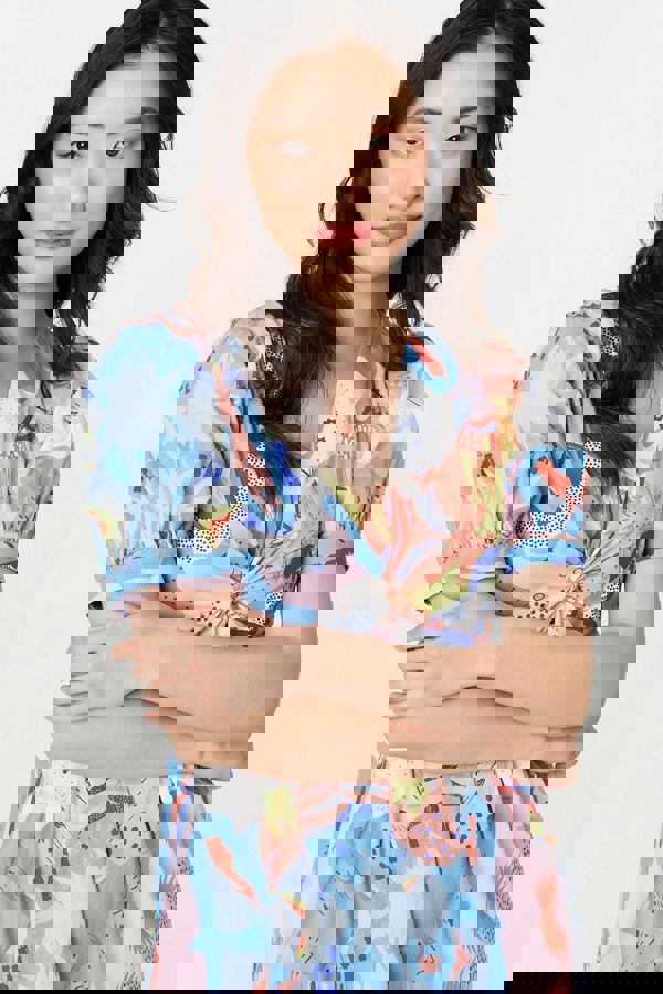 Blue | Abstract Ruched Front Empire Midi Dress
