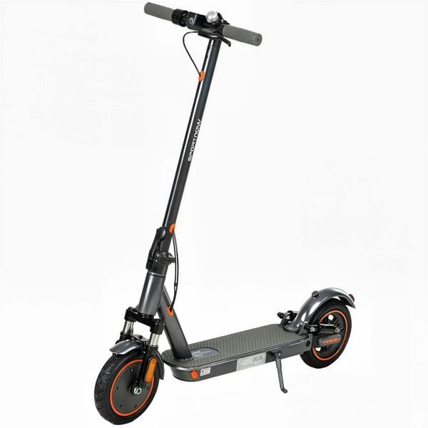 Black foldable electric scooter with front headlight and large tires