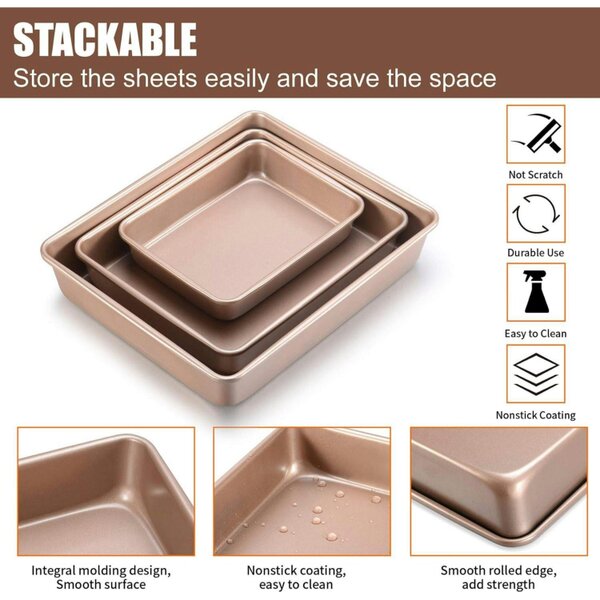 Dyzi 3 Piece Non-Stick Deep Baking Tray Set Carbon Steel Rose Gold