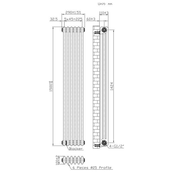 Monstershop Traditional 3 Column Radiator - 1500 x 290mm - Raw Metal