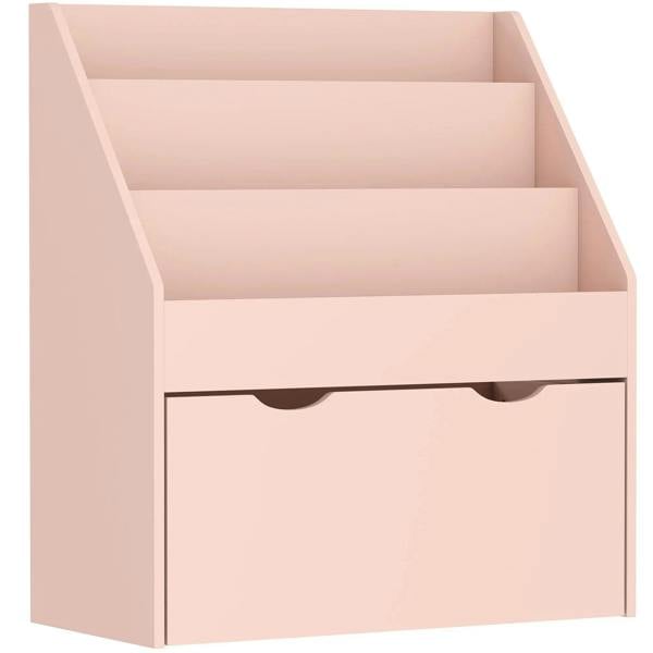 Kids pink bookcase with open shelves and drawer, front panel with curved cutouts