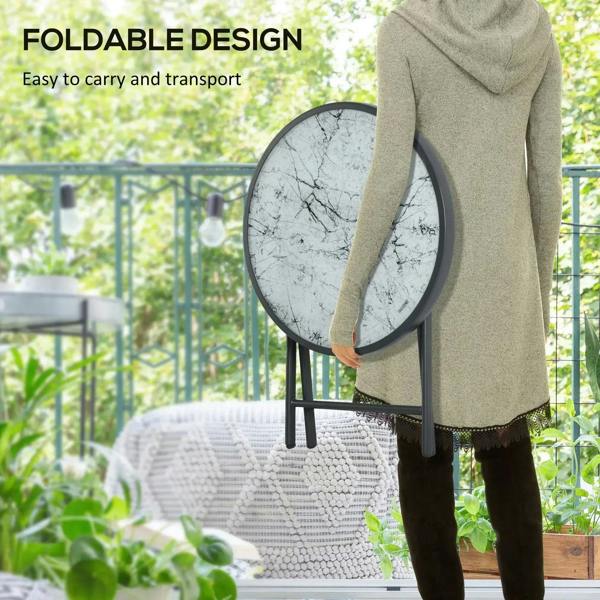 Foldable outdoor side table with marble-look glass top and dark frame