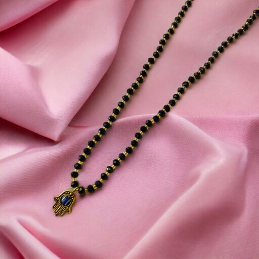 The Colourful Aura Black Crystal Gold Beaded Hamsa Mangalsutra Pendant Elegant Necklace