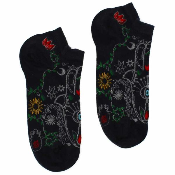 Black low-cut bamboo socks with colorful floral, star, and eye pattern
