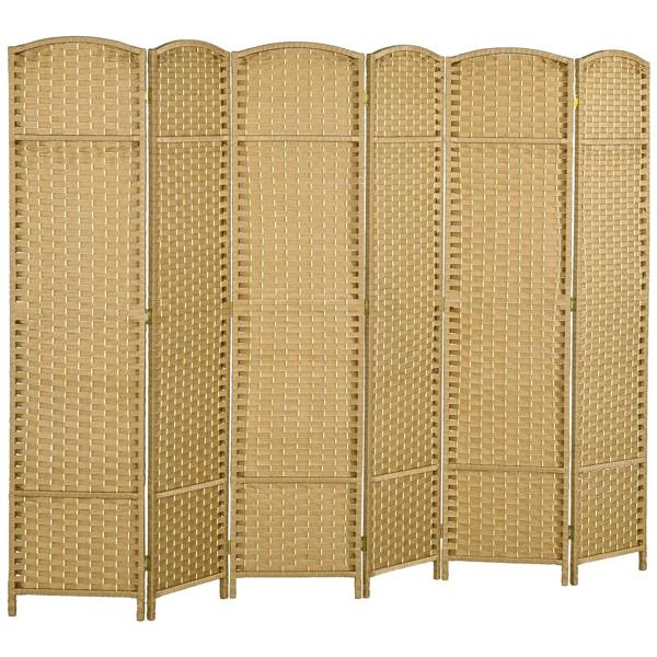 6-panel folding room divider privacy screen with woven rattan-style panels, natural frame