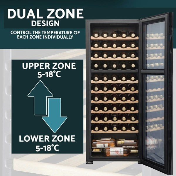 55 Bottle Dual Zone Freestanding Wine Cooler Fridge - LED Backlit BLACK & GLASS - LoopsDirect