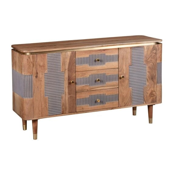 Wyld Haus Idaho Natural Acacia Wood and Brass Sideboard with 3 Drawers and 2 Doors