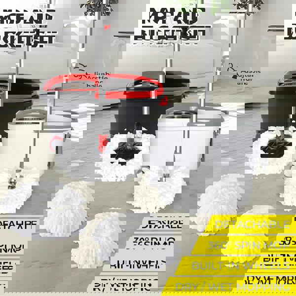 Cleanflo Spin Bucket Set Wet Dry Stainless Steel 360Â° Rotating 2 Floor Mop Head