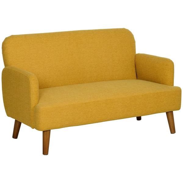 Yellow velvet loveseat sofa with thick seat cushion and wooden legs, two-seater
