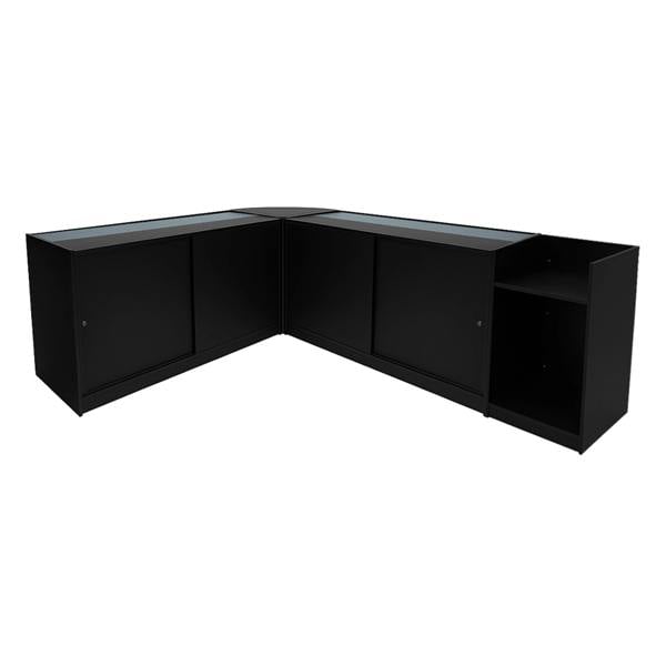 Polaris LED Shop Counter Set in sleek black, featuring glass display tops, spacious storage, and a modern corner design