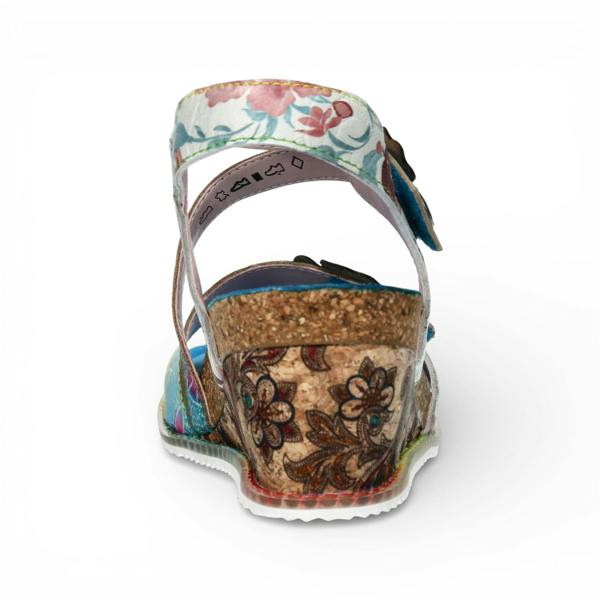 Laura Vita Women's Bonito 32 Turquoise Blue Floral Leather Wedge Espadrille Sandals