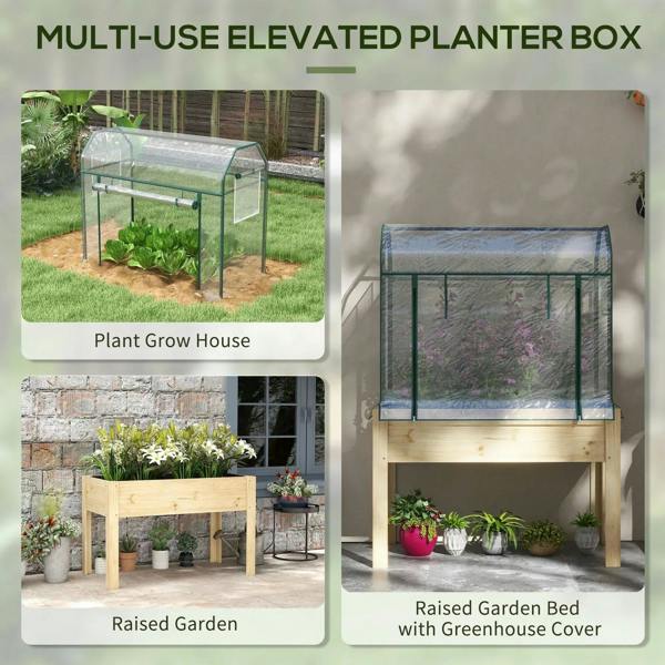 Multi-use raised planter box with clear greenhouse cover shown outdoors and indoors