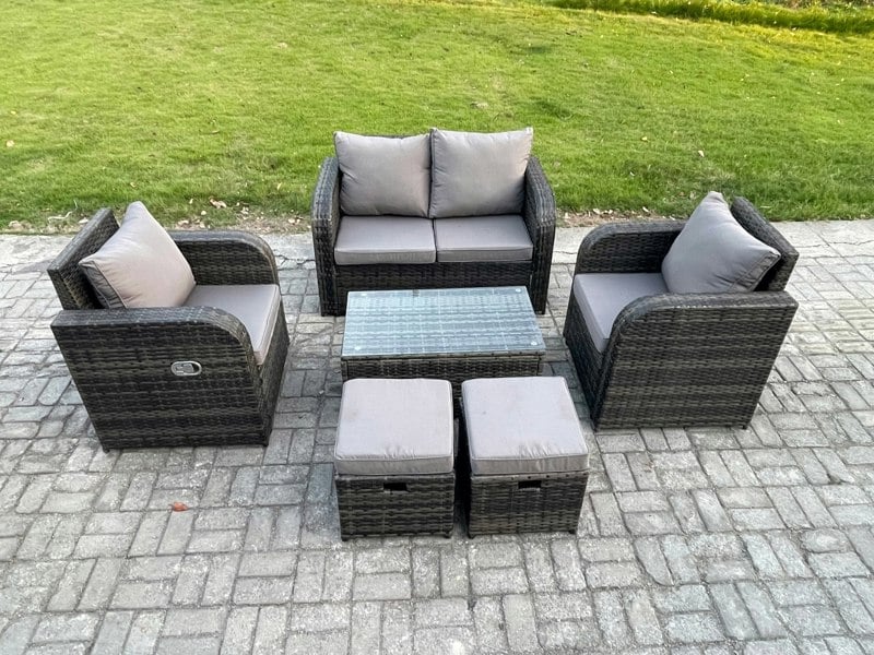 Fimous Wicker PE Rattan Outdoor Furniture Set Garden Love Sofa Coffee Table 2 Armchair 2 Small Footstools Dark Grey Mixed