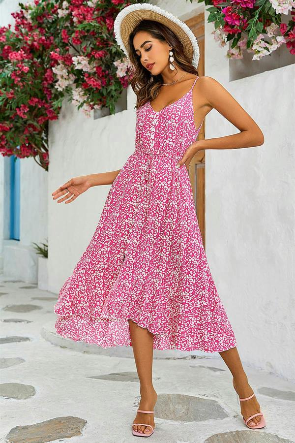 FS Collection Leopard Print Button Down High Low Strappy Dress In Fuchsia Pink