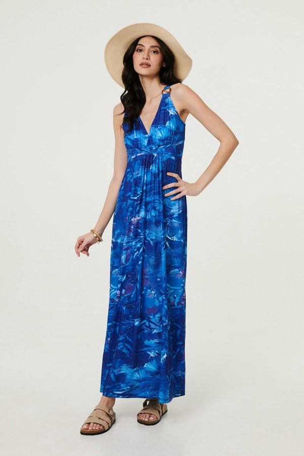 Blue | Tropical Print Strap Empire Maxi Dress
