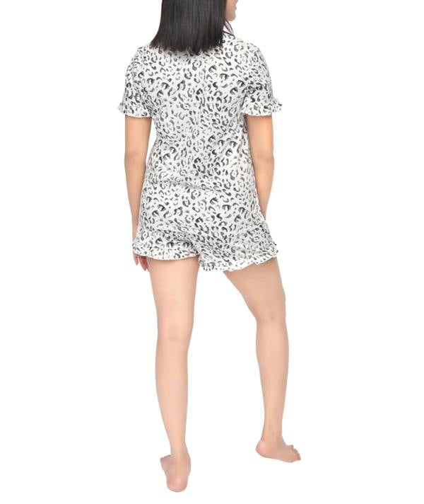 Smart Living Women's Casual Frill Short Sleeve Tee & Shorts Loungewear Set - Grey Leopard