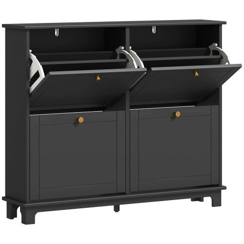 Wyld Haus Serodo Wooden Black Slim Shoe Cupboard With 4 Flip Drawer For 16 Pairs