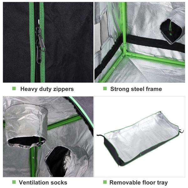 Grow tent features close-up: heavy-duty zipper, steel frame, ventilation socks, removable floor tray.