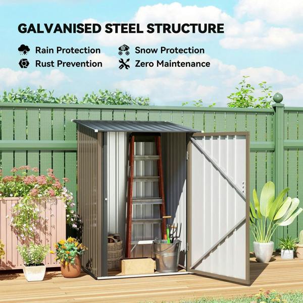 Lean-to steel garden shed with galvanized metal frame, sloped roof, double door.