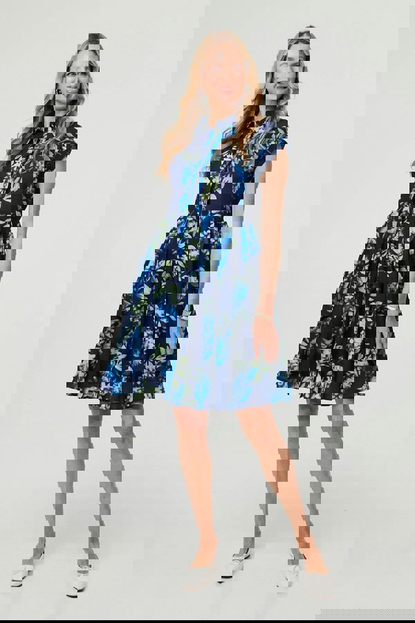 Blue | Floral Cap Sleeve Pleated Short Dress
