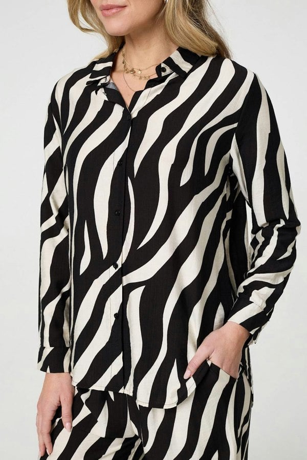 Black | Zebra Print Long Sleeve Relaxed Shirt
