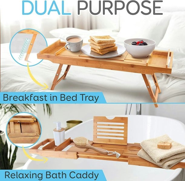 MANTRARAJ Bathtub Tray Bath Caddy Breakfast Tray Natural Bamboo Wood 2 in 1 Bath Tub Tray