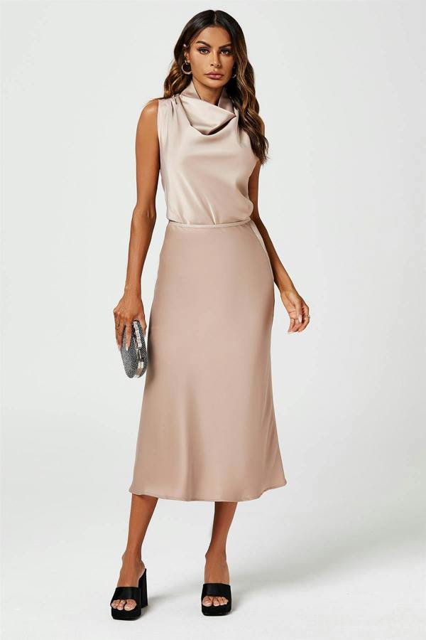 FS Collection Satin High Neck Sleeveless Blouse In Light Brown
