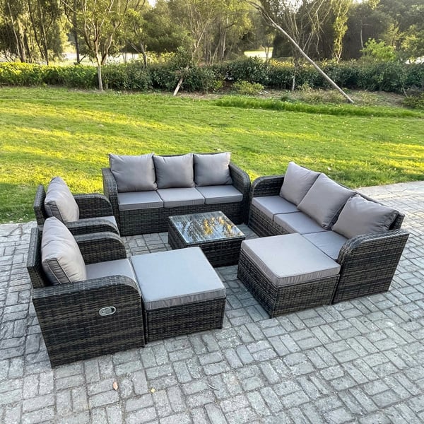 Fimous 10 Seater Outdoor Rattan Garden Furniture Set with 2 Sofas, 2 Reclining Chairs, Coffee Table & 2 Footstools - Dark Grey