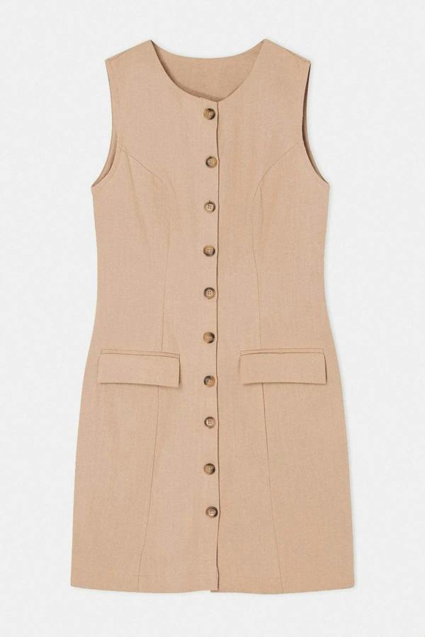 WOVCOR Linen Blend Mini Woven Shirt Dress with Pocket Detail