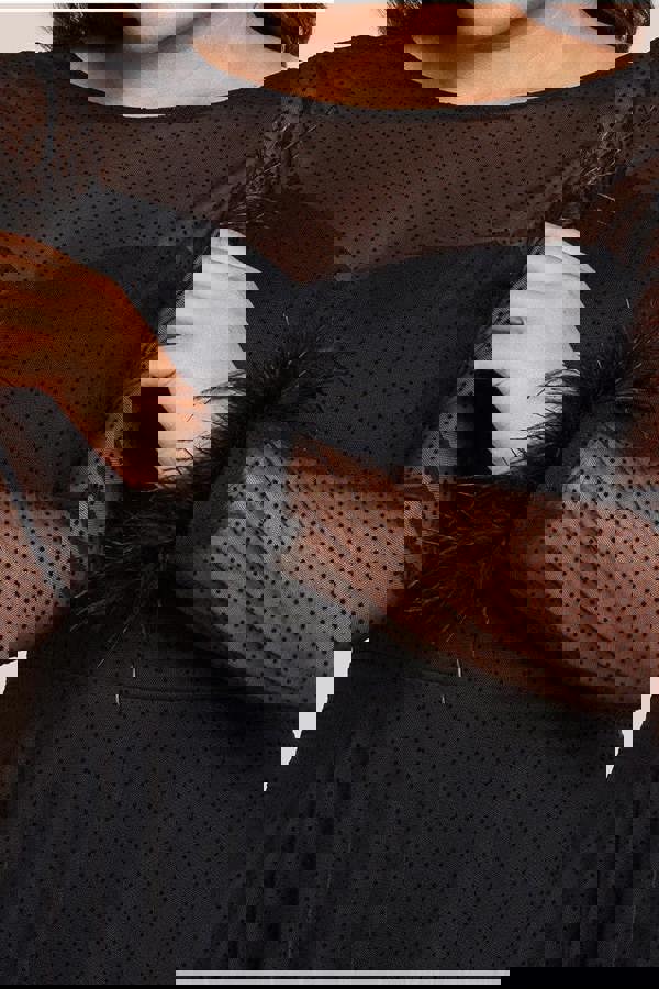 Dobby Mesh Feather Sleeve Hem Maxi Dress - Black DR4046PLUS