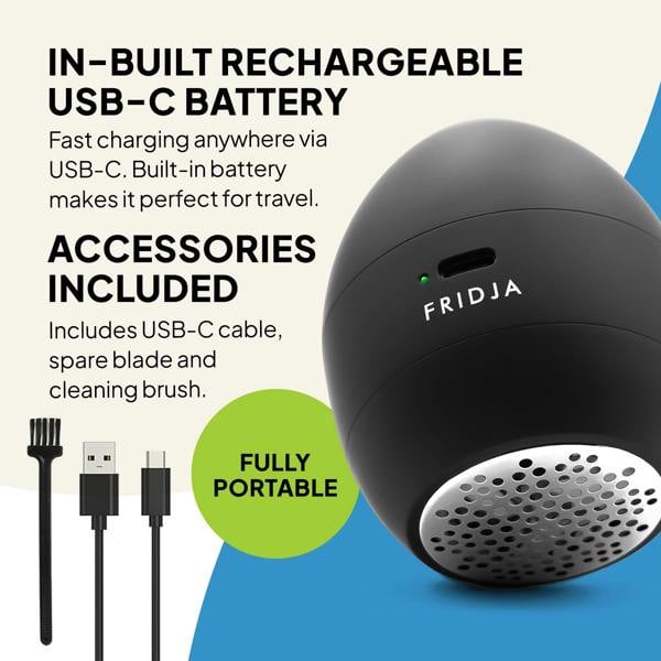 The Fridja Commercial Garment Care Duo – f1600 Steamer & f40 Fabric Shaver is shown. The black handheld f40 has a USB-C charging port, rechargeable battery, and includes a USB-C cable, spare blade, and cleaning brush for easy garment care.