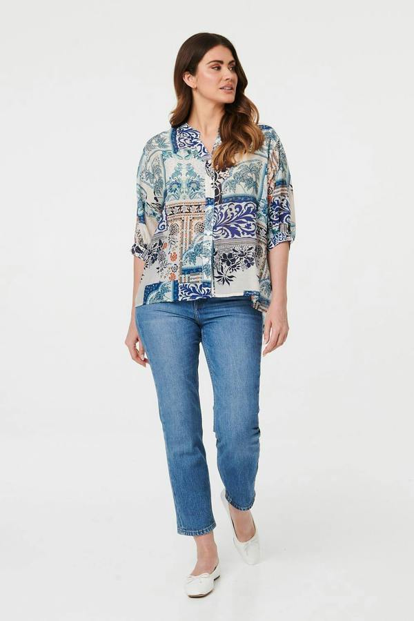 Blue | Patchwork 1/2 Sleeve Button Detail Shirt