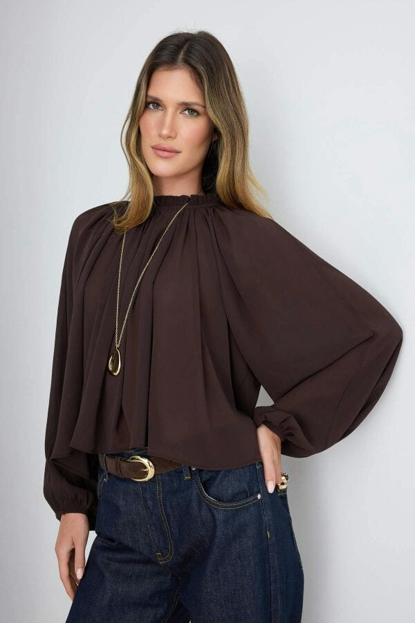 WOVCOR High Neck Raglan Sleeve Gathered Oversized Woven Blouse